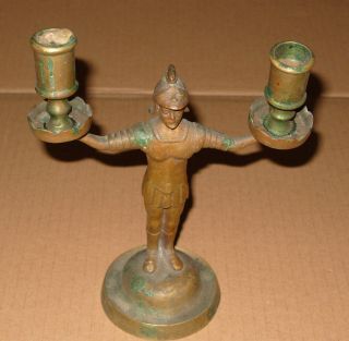 Antique Gothic Figural Roman Centurion Brass Dual Candlestick 2