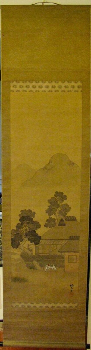 Antique Japanese Hanging Scroll Painting Of Farmhouse And Horse