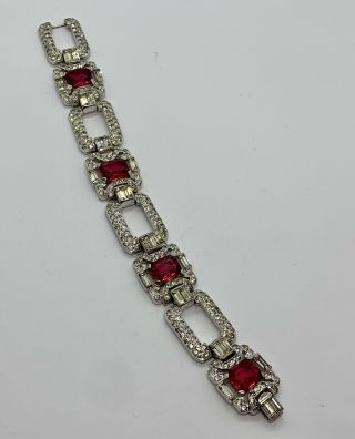 Vintage Signed Ktf Gorgeous Raspberry Clear Rhinestone Link Bracelet Trifari