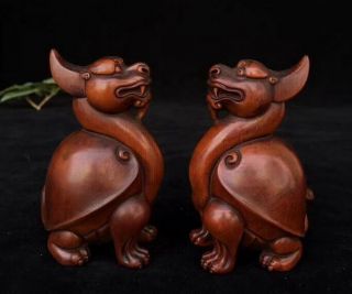 Collectable Boxwood Handwork Carve Exorcism One Pair Dragon Tortoise Old Statue