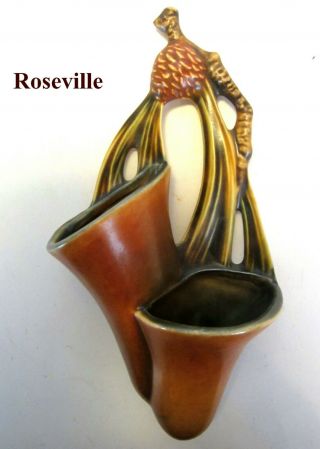 Vintage Roseville Pottery Brown Green Pine Cone Wall Pocket 1273 / 8