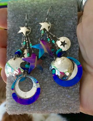 Signed Tabra Sterling Silver Celestial Stars And Moon Earrings