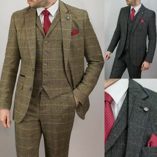 Cavani Mens 3 Piece Designer Check Tweed Vintage Peaky Blinders Slim Fit Suit