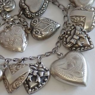 Loaded Vintage Sterling Silver Puffy Heart Charm Bracelet