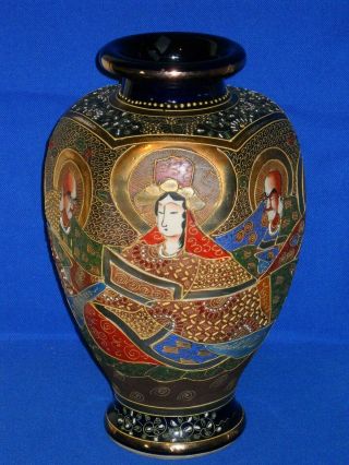 Satsuma Vase,  6 Panel,  Hand Painted,  Deep Blue,  Covered In Moriage Decoration.