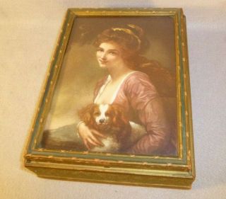 Antique Wood Victorian Woman & Dog Picture Frame Style Mirror Jewelry Box