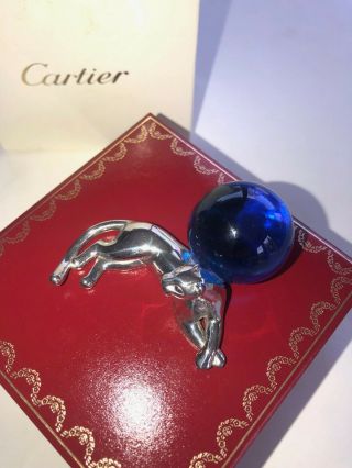 CARTIER PANTHER STERLING SILVER AND BLUE CRYSTAL BALL MINI FIGURINE/PAPERWEIGHT 10