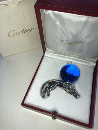 CARTIER PANTHER STERLING SILVER AND BLUE CRYSTAL BALL MINI FIGURINE/PAPERWEIGHT 11