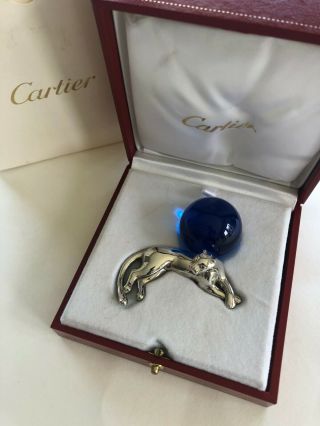 CARTIER PANTHER STERLING SILVER AND BLUE CRYSTAL BALL MINI FIGURINE/PAPERWEIGHT 12