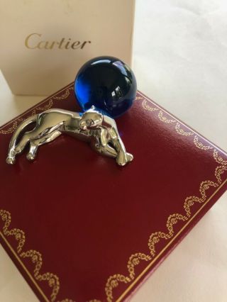 CARTIER PANTHER STERLING SILVER AND BLUE CRYSTAL BALL MINI FIGURINE/PAPERWEIGHT 9