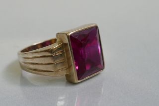 Vintage Art Deco Style 10k Yellow Gold Men ' s Ring - Size 8 - Red Stone 2