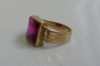 Vintage Art Deco Style 10k Yellow Gold Men ' s Ring - Size 8 - Red Stone 3
