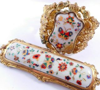 Rare Antique Georgian Foiled Butterfly Swiss Enamel Wide Bracelet & Brooch Set