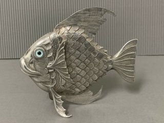 Very Rare Collectible Sterling Silver 925 Articulated Fish Blue Glass Eyes.