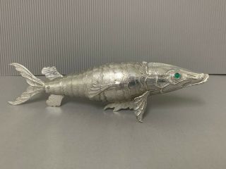 Spanish Sterling Silver 925 Articulated Fish With Green Glass Eyes