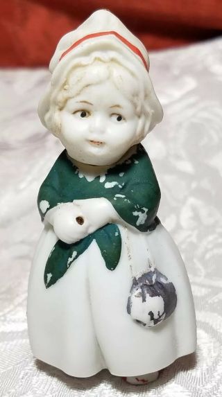 Antique 2 Piece Woman In Shawl W/ Purse Bisque Porcelain Figurine String Holder