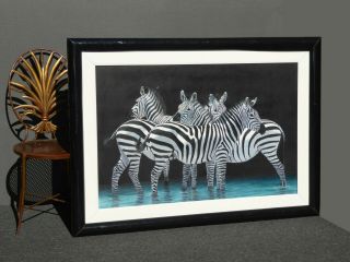Vintage " Zebra Herd " Oil On Canvas Painting Picture Signed Ron Balaban