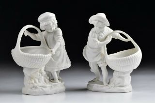 19th Century French Porcelain Figurines Of Boy & Girl With Baskets