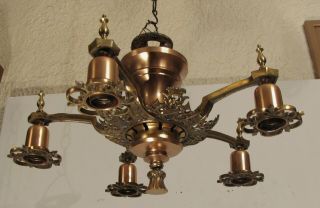 Antique Elegant Art Deco Cast Brass & Copper 5 Light Flush Mount Ceiling Fixture