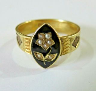 Antique Victorian 15ct Gold Black Enamel Pearl Mourning Ring,  Inscription 1890
