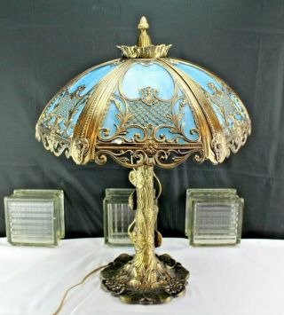 Vintage Table Lamp Cast Spelter Bronze Finished Bent Blue Glass Tiffany Style