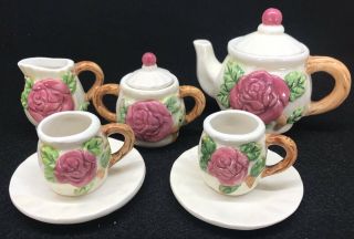 Vintage Childs Ceramic Tea Set With Rose Pattern