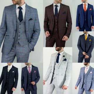 Cavani Mens 3 Piece Designer Check Smart Vintage Heritage Tailored Slim Fit Suit