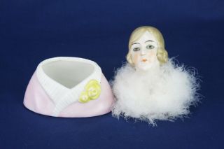 Vintage German Porcelain Lady Powder Puff Jar ca1920 6