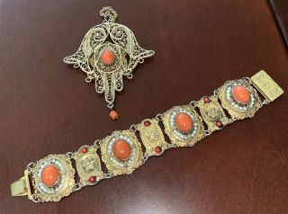 Antique Chinese Sterling Silver Coral Gold Vermeil Filigree Bracelet & Pendant