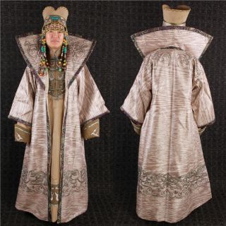 China Ancient Mongolia Princess Dance Khaki Robe Dress Turquoise Gem Inlay Hat