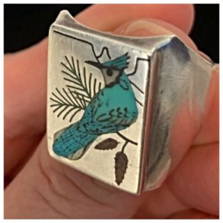 Vintage Native American Sterling Silver Inlay Turquoise Blue Jay Bird Ring Zuni