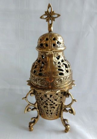 Vintage Ornate Brass Incense Burner With Cross On Top 9.  5 " T X 4 " W