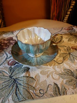 Vintage Ardalt Cup And Saucer Japan Hand Painted China Green