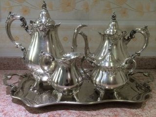 Antiques Wallace Baroque Silver Teapot Coffeepot Creamer Sugar Tray Set
