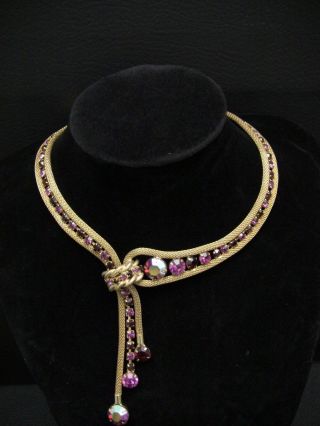 Schiaparelli Faux Lariat Tassel Mesh Gold Tone Necklace W/pink & Red Rhinestones