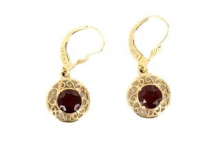 Vtg 14k Solid Yellow Gold Filigree Round Faceted 2ct Garnet Drop Dangle Earrings