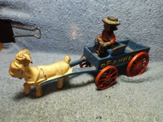 Cast Iron Express Wagon Pulled By A White Goat,  Blue Wagon,  Red Wheels,  8 " Long