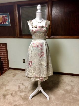 Vintage 1950s 1960s Dress Floral Brocade Labeled