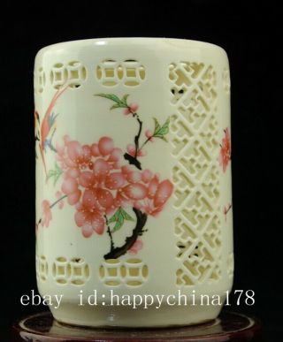 Chinese Old Famille Rose Porcelain Bird And Flower Brush Pot /qianlong Mark B02