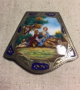 Antique 800 Silver Italian Romantic Couple Landscape Scene Enamel Compact