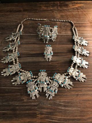 Vintage Native American Turquoise And Sterling Silver Kachina Jewelry Set Of 3