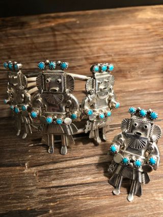 Vintage Native American Turquoise and Sterling Silver Kachina Jewelry Set of 3 9