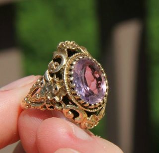 14k 585 Solid Yellow Gold 8.  5 Grams Amethyst Ring Unique Antique