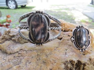 Vintage Old Pawn Native American Sterling Silver Agate Cuff Bracelet & Ring Set