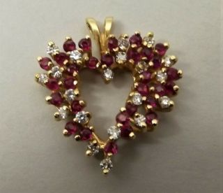 Vtg 14k Gold Natural Ruby Diamond Heart Pendant Cluster Estate.  40 Carat Ornate