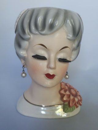Vintage Lady Head Vase Pearl Earrings Gold Trim Eyelashes Flower 6 "
