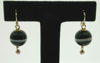 Victorian Antique Banded Agate Bead 18 Ct Yellow Gold French Hook Earrings 6.  2g