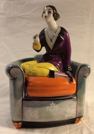 Rare Vintage Noritake Lady Figural Dresser Jar.  Girl Seated On A Green Chair