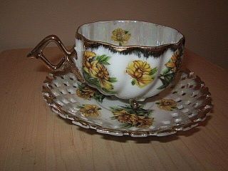 Vintage Tea Cup & Saucer Napco Hand Painted - Iridescent Pierced Yellow & Gold