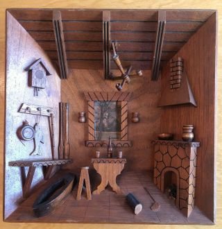Vintage Wood Kitchen Scene Diorama 3d Shadow Box - 12 " X 11.  5 " X 2.  5 "